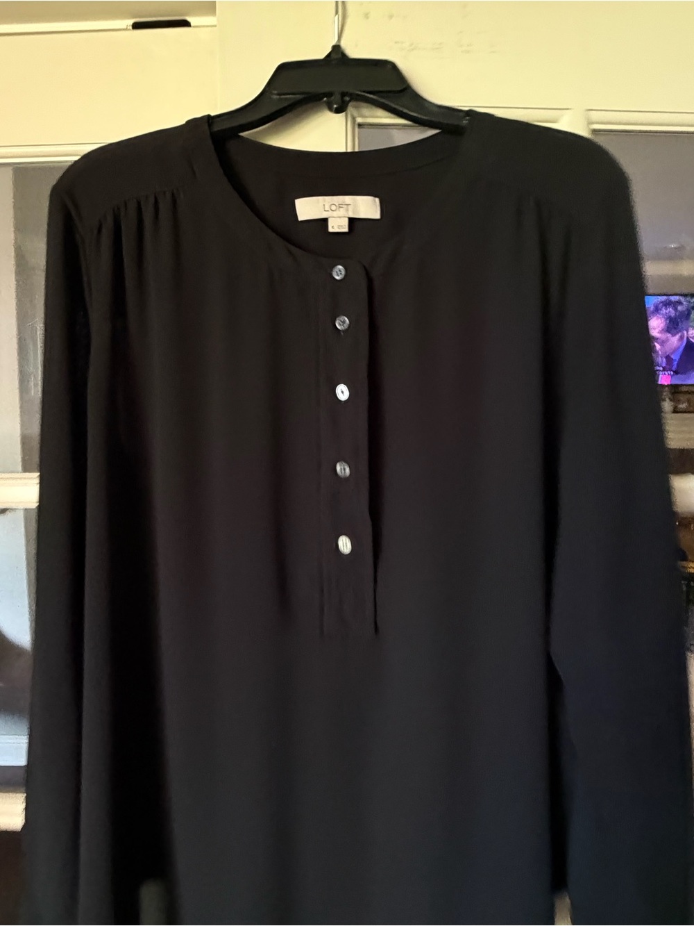 LOFT Ann Taylor XL Black Henley Blouse Long Sleeve Pleated Yoke Top